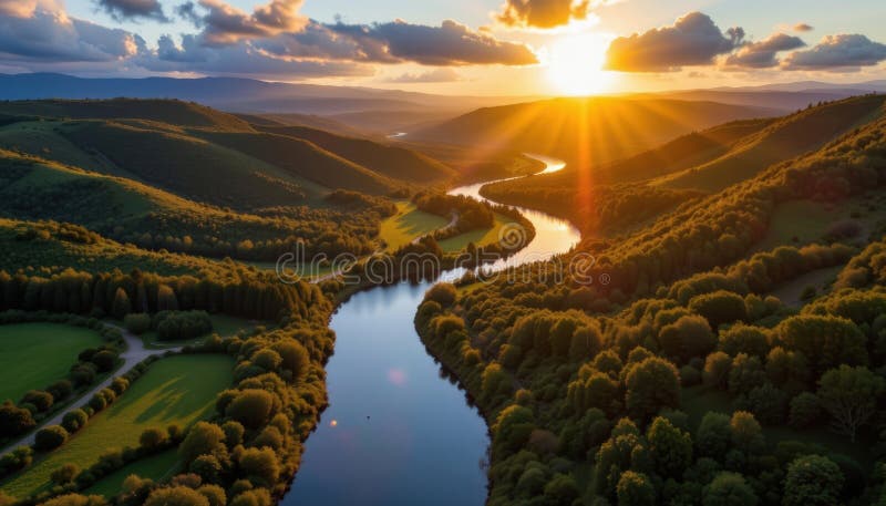 Drone shot of winding river snaking through lush green valley during golden hour, golden sun rays piercing scattered clouds stock photography