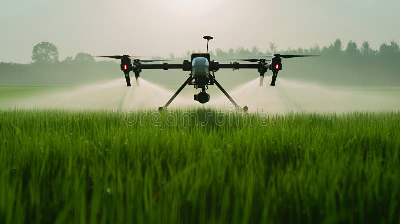 Drone sprays crops in a misty field at dawn, symbolizing smart agriculture royalty free illustration