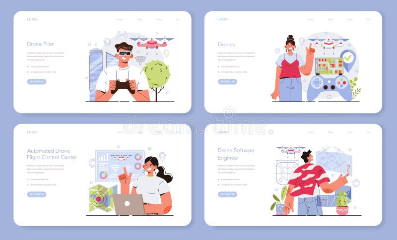 Drone technology web banner or landing page set. Innovative aerial stock illustration