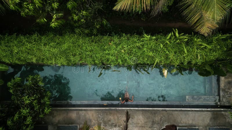 Drone top view femme en bikini loundge dans piscine cristalclaire entourée de verdure. sips cocktail jouissant de solitude banque de vidéos