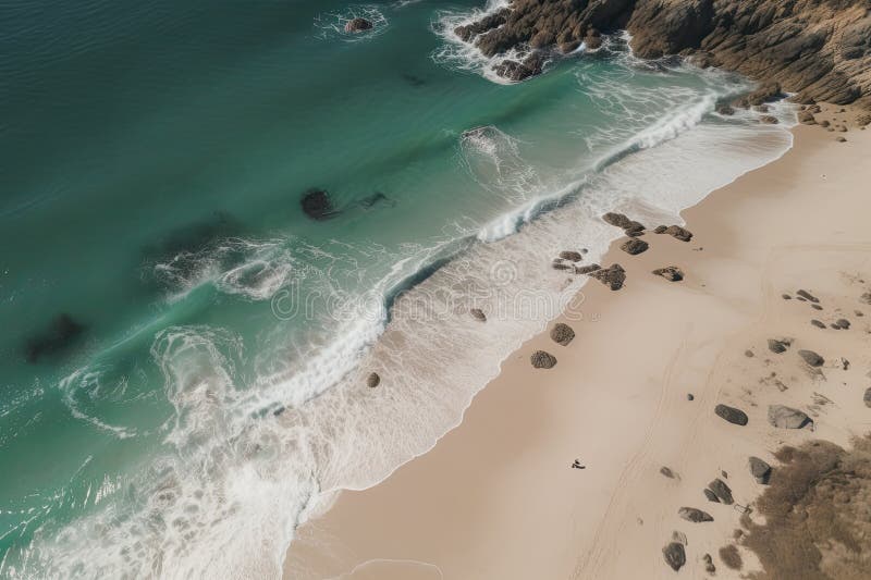 drone view of beach with waves and turquoise water