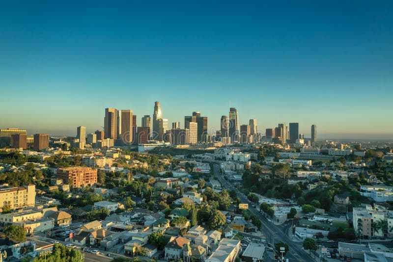 Drone, Aerial Shot of Downtown of the City of Los Angeles during Sunset