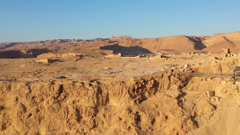 Aerial footage over Masada National Park at sunrise, Dead sea, israel