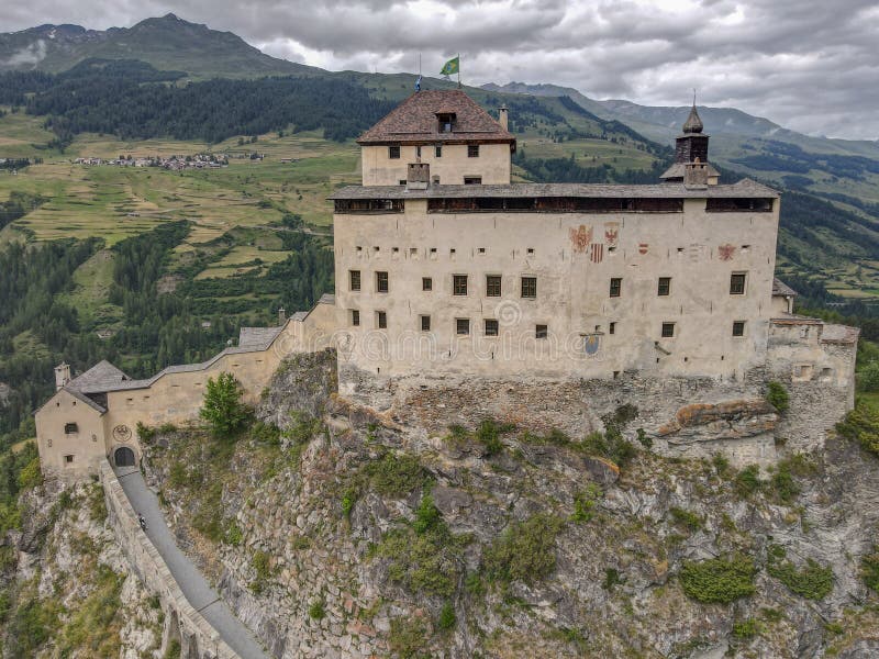 Drone View at Tarasp Castle in the Swiss Alps Stock Photo Image of