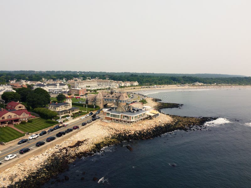 Aerial drone view over ocean of Towers bridge in Rhode Island town of Narragansetrt. Aerial drone view over ocean of Towers bridge in Rhode Island town of Narragansetrt