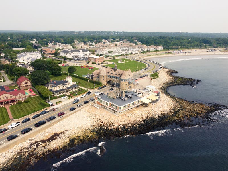 Aerial drone view over ocean of Towers bridge in Rhode Island town of Narragansetrt. Aerial drone view over ocean of Towers bridge in Rhode Island town of Narragansetrt