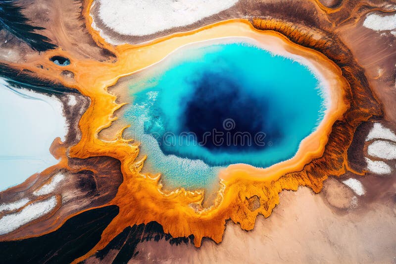 Drone view of a Yellowstone colorful hot spring pool, nature abstract stock illustration