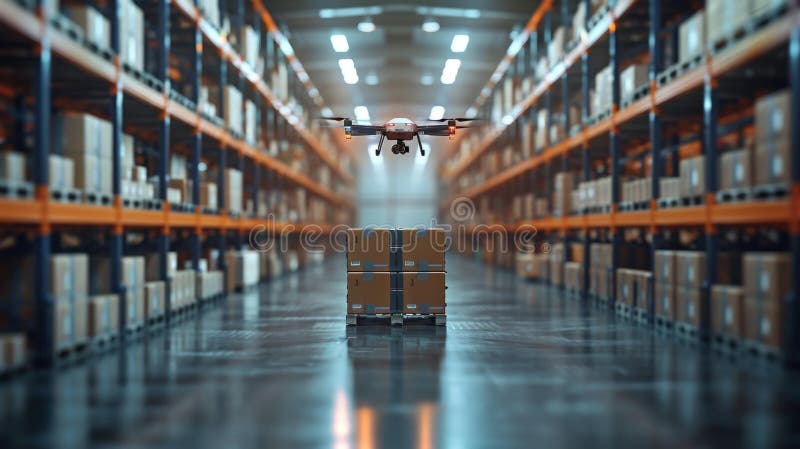 Drone in Warehouse with Boxes - Generative AI stock illustration
