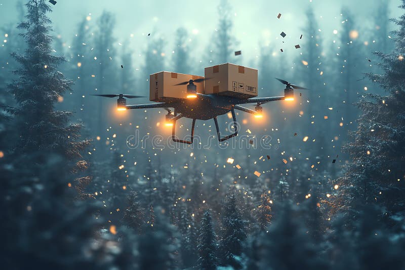Drone Που Παραδίδει Πακέτα Στο Χειμερινό Δάσος, Έννοια Σύγχρονης Ναυτιλίας διανυσματική απεικόνιση