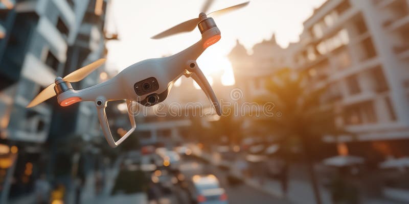 Drones blancos volando en el área urbana durante la puesta de sol exhibiendo tecnología e innovación avanzadas libre illustration