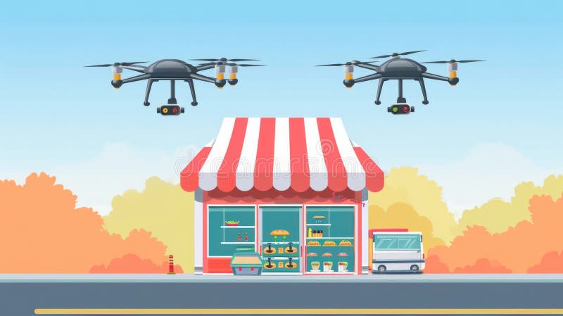 Drones Delivering Packages to Storefront in Cartoon Illustration vector illustration