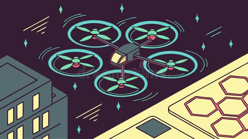 Drones flying over city, modern technology, urban drone view, futuristic vector design Generative AI stock illustration