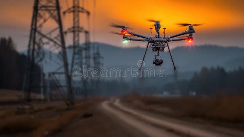 Drones flying and repairing infrastructure components at dusk in an isolated rural location emphasizing advanced stock photography