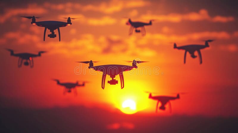 Drones flying at sunset, vibrant sky, technology in nature stock photos