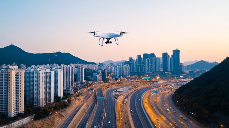Drones sobrevolando la bulliciosa carretera y rascacielos al atardecer en el paisaje urbano stock de ilustración