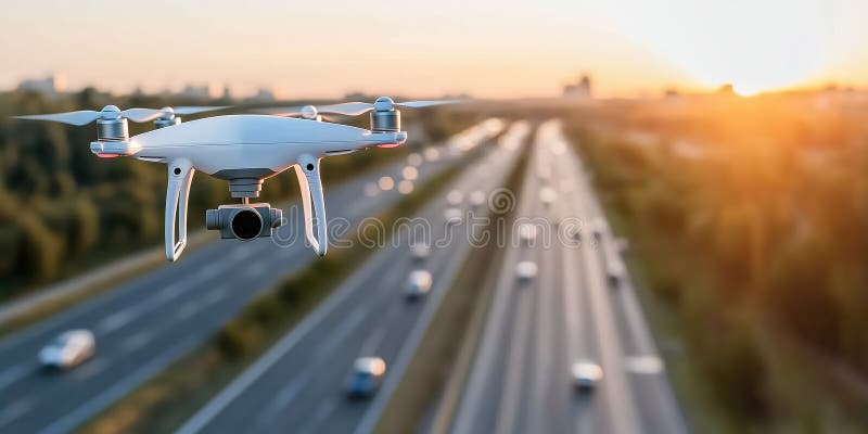 Drones sobrevolando una carretera muy transitada durante la puesta del sol capturando el flujo de tráfico con precisión libre illustration