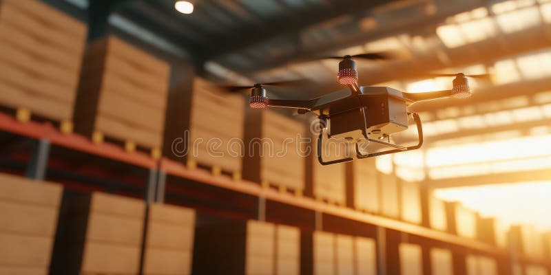 Drones volando en almacén con estantes de cajas mostrando la automatización en logística stock de ilustración