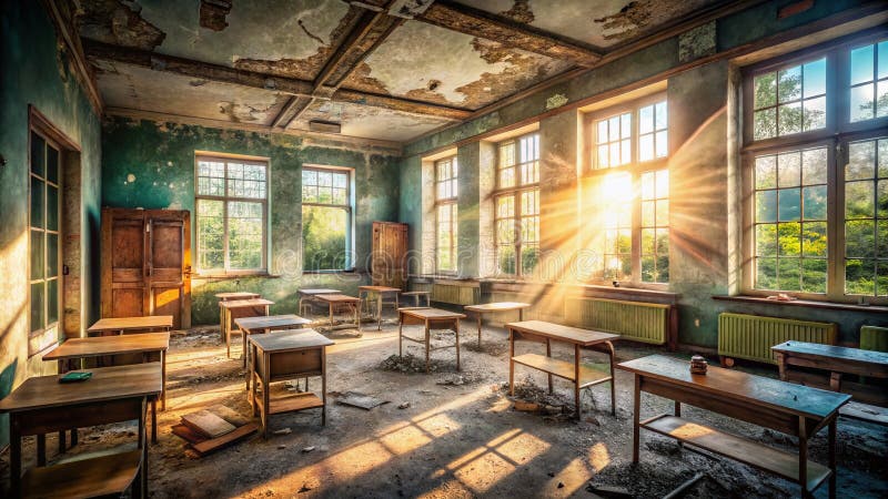 A DronesEye View Exploring the Decaying Majesty of an Abandoned Classroom a Stunning 3D Render vector illustration