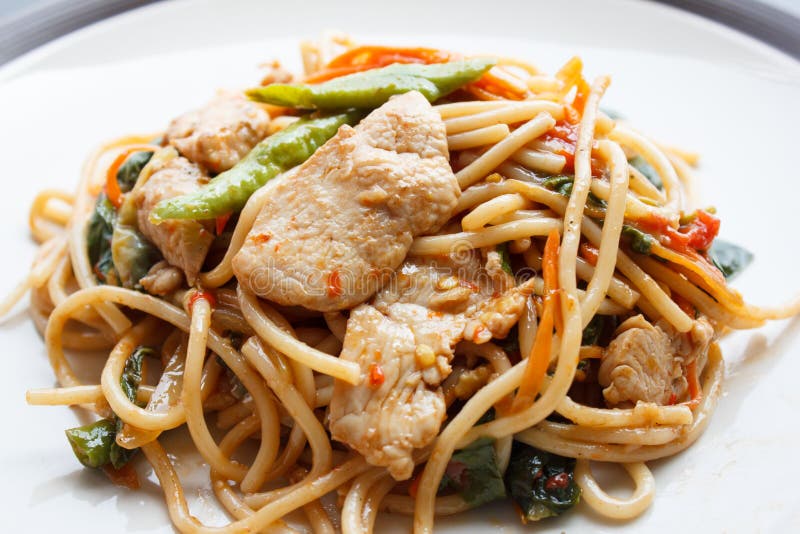 Dronken Spaghetti - Kruidige Spaghetti met kip (Thais Voedsel) stock foto Dronken Spaghetti - Kruidige Spaghetti met kip (Thais Voedsel) stock foto