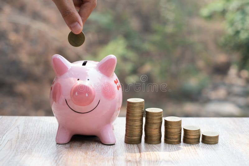 Drop the coin into the piggy bank to save with coin piles on the table at the house. Pink piggy bank. save money.Future financial