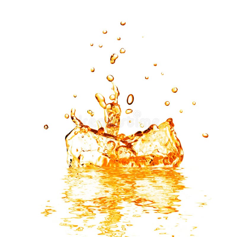 Drop Falling into Orange Water with Splash Isolated on White Stock