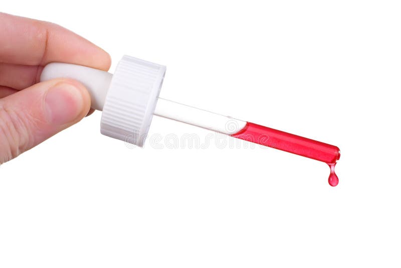 Dropper with red liquid. Male hand holding dropper with red liquid or blood dripping isolated on white stock photos Dropper with red liquid. Male hand holding dropper with red liquid or blood dripping isolated on white stock photos