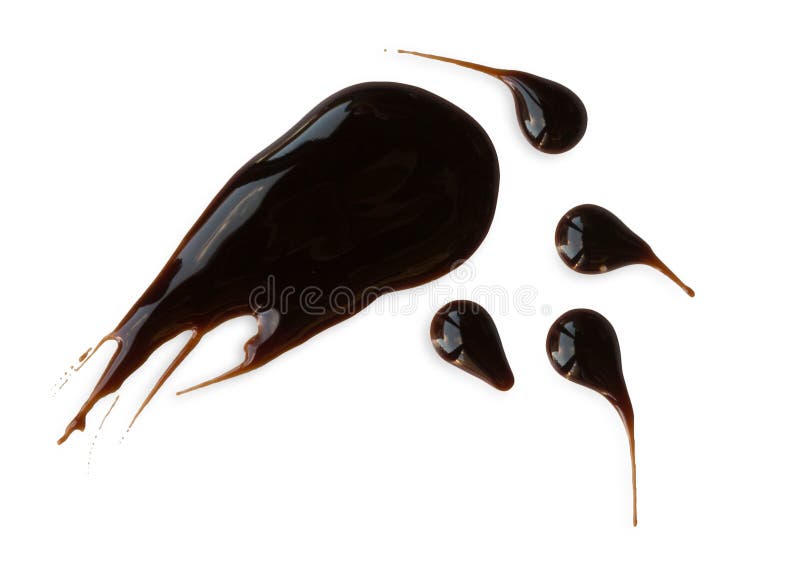 Drops of Black Savory or Chocolate Sauce Isolated on White Stock Photo