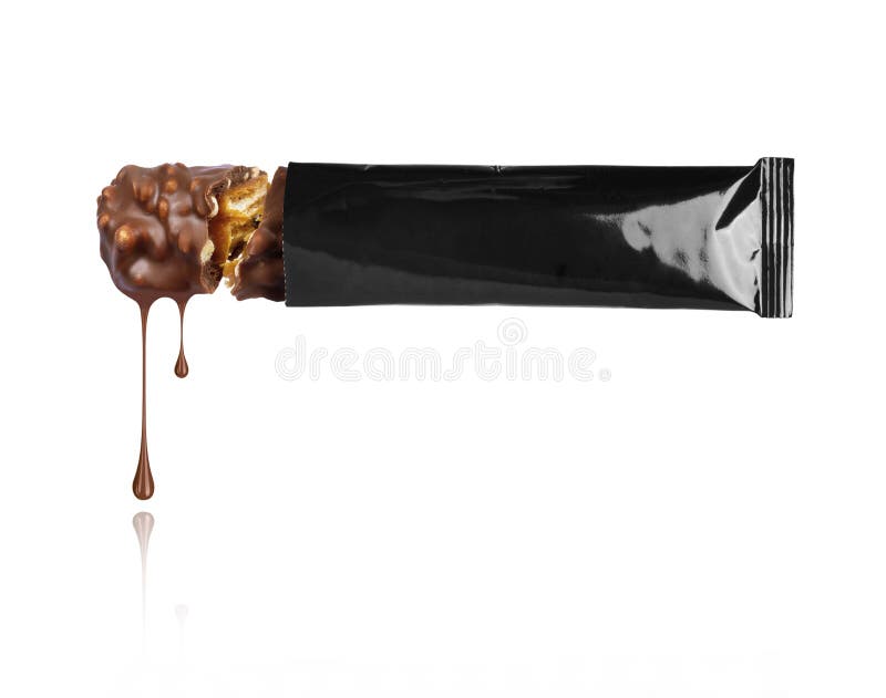 Drops dripping from a chocolate bar in the packaging, isolated on a white background stock photography Drops dripping from a chocolate bar in the packaging, isolated on a white background stock photography