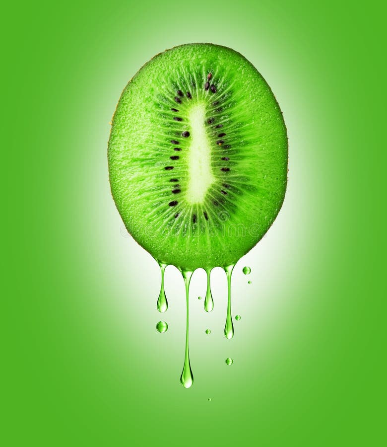 Drops of Juice Dripping from Half of Kiwi Close Up on Green ...