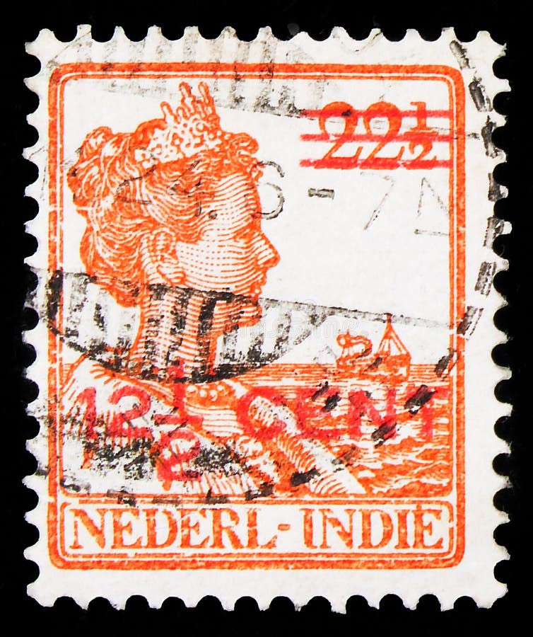 MOSCOW, RUSSIA - SEPTEMBER 23, 2019: Postage stamp printed in Netherlands shows Queen Wilhelmina,  Type \'Seegers\' serie, circa 1915. MOSCOW, RUSSIA - SEPTEMBER 23, 2019: Postage stamp printed in Netherlands shows Queen Wilhelmina,  Type \'Seegers\' serie, circa 1915