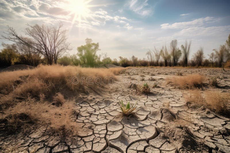 Droughtstricken Landscape, with Cracked Earth and Dried Plants Stock