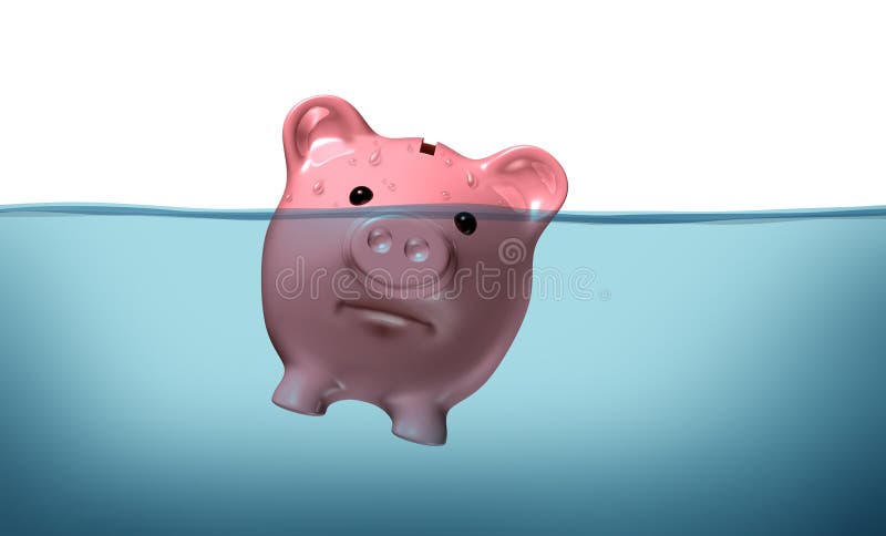 Topiaci sa v dlhoch a udržať vaše finančné hlavu nad vodou zastúpená prasiatko, ružová ošípaných upadajú do modrá voda ako symbol neodkladnej podniku a hospodárenie s peniazmi, zlyhania a poraziť.