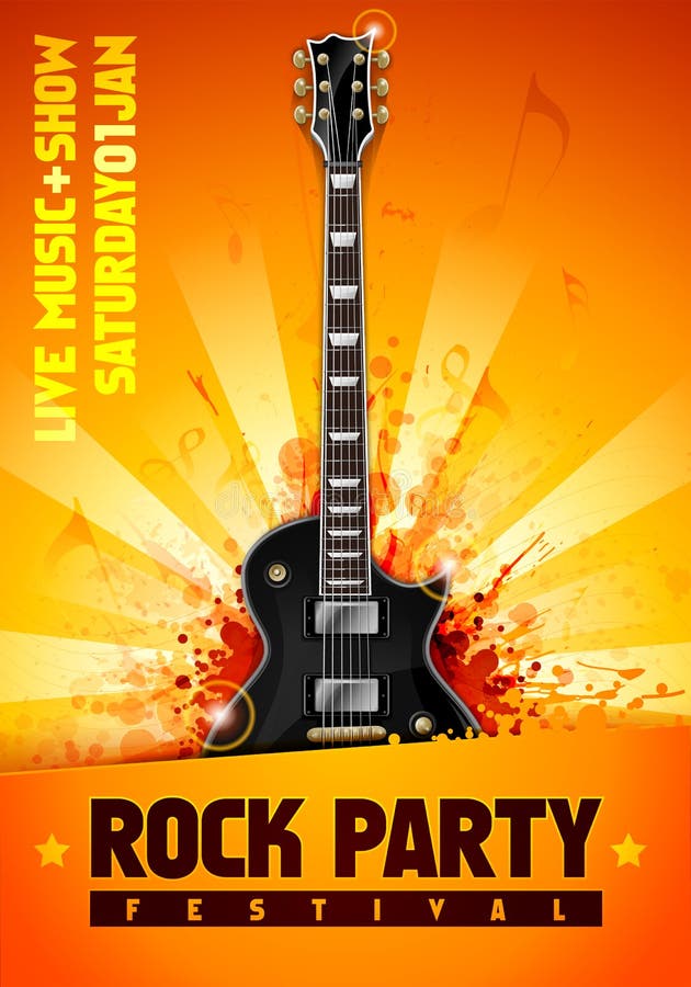 Vector illustration rock concert party flyer or poster design template with guitar vector illustration