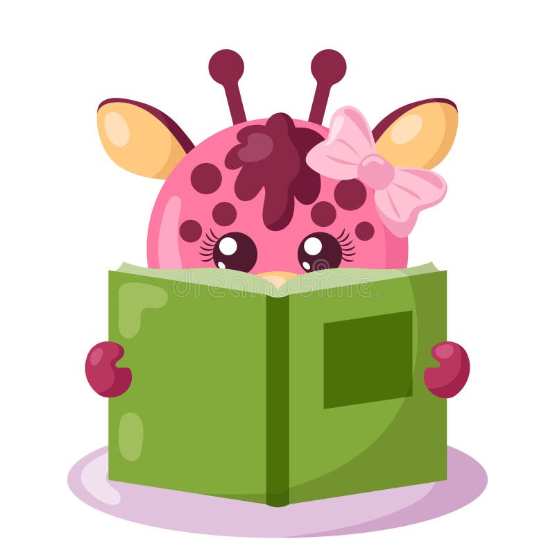 Funny Cute Kawaii Giraffe Reading Book in Flat Design with Shadows