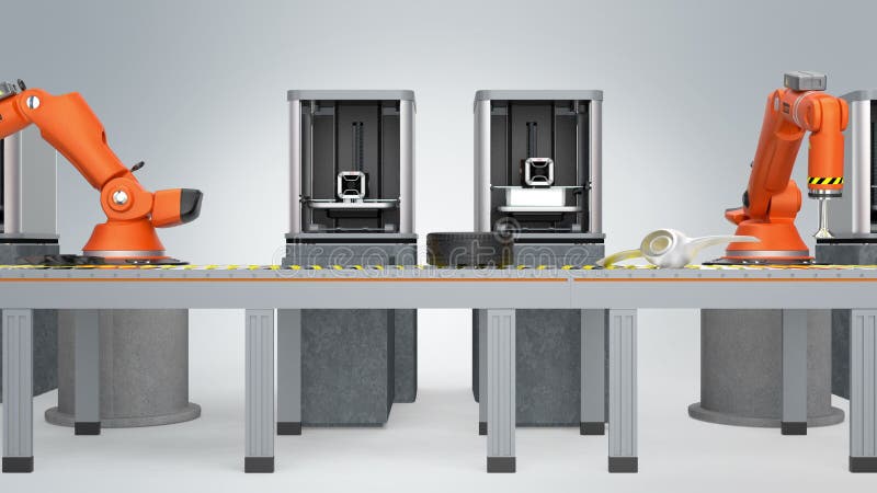 Drucker 3D und Roboterarme im Förderband