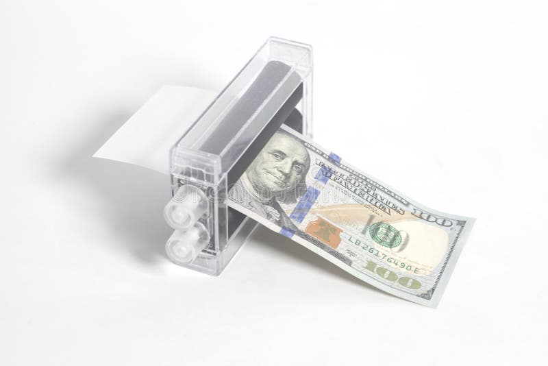 Printer money machine printing fake dollar on white. Printer money machine printing fake dollar on white