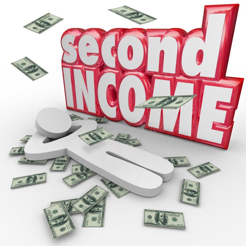 Second Income words and money falling around a person to illustrate a secondary job or side work to earn more revenue or cash. Second Income words and money falling around a person to illustrate a secondary job or side work to earn more revenue or cash