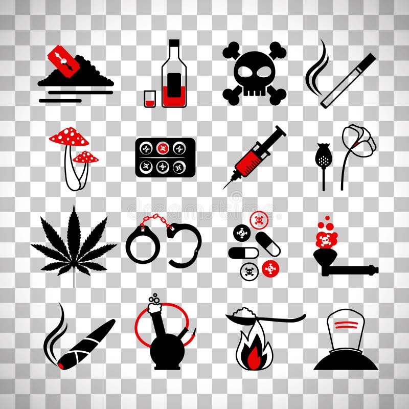 Drugs en de pictogrammen van de alcoholverslaving royalty-vrije illustratie Drugs en de pictogrammen van de alcoholverslaving royalty-vrije illustratie