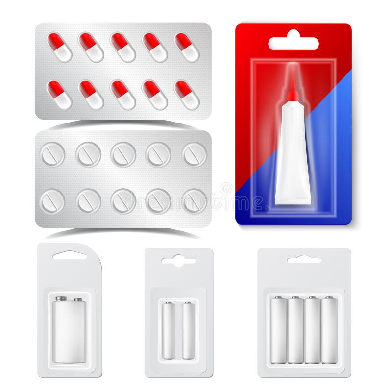 Drugs, Pillen, Blaren, Batterijen Vector Realistische Reeks stock illustratie Drugs, Pillen, Blaren, Batterijen Vector Realistische Reeks stock illustratie