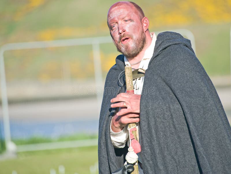 Druid speaks to the crowds at the Beltane Bash and Celtic Fire Festival which was held on 6th May 2012 in the Castle at Banff. Ancient pagan celtic images stock images, royalty-free photos and pictures