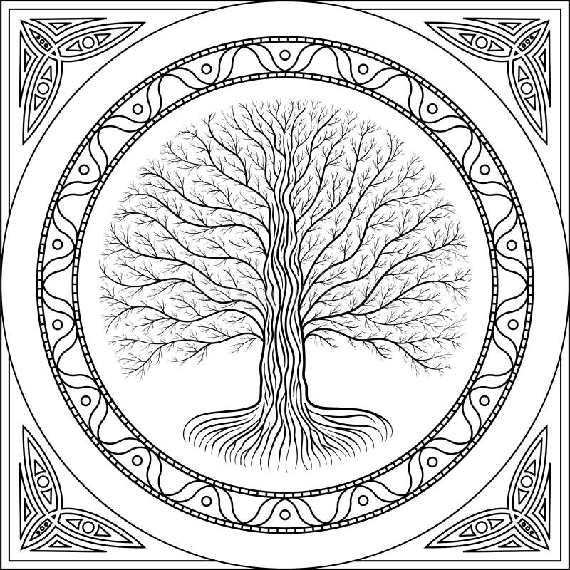 Druidyczny Yggdrasil konturu drzewo, round czarny i biały gothic logo antyczny książka styl ilustracji Druidyczny Yggdrasil konturu drzewo, round czarny i biały gothic logo antyczny książka styl ilustracji
