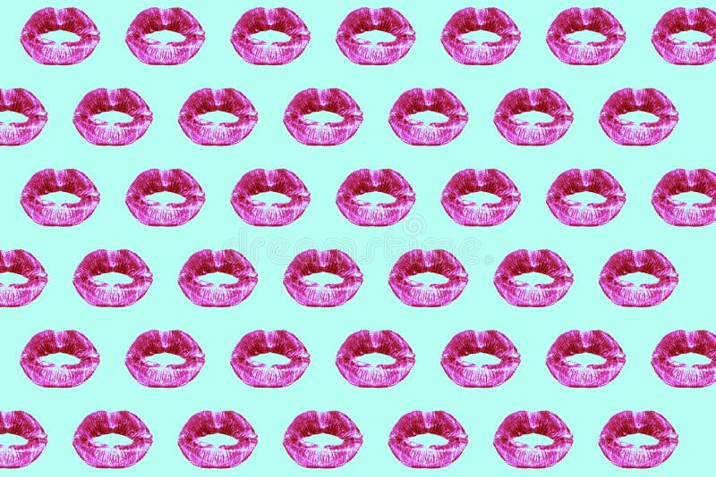 Print of kiss lips women, pink female lipstick, glamorous sensual red girl lip on blue background. sweet kissing, open mouth, pop art, minimal style, makeup seamless pattern. Print of kiss lips women, pink female lipstick, glamorous sensual red girl lip on blue background. sweet kissing, open mouth, pop art, minimal style, makeup seamless pattern