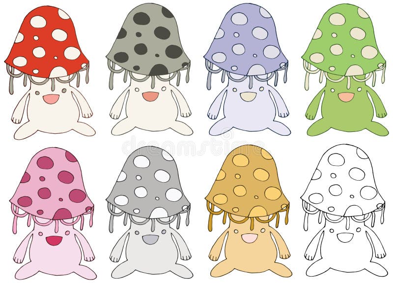Druk kreskówki doodle Amanita potwora koloru ręki ustalony remis ilustracja wektor Druk kreskówki doodle Amanita potwora koloru ręki ustalony remis ilustracja wektor
