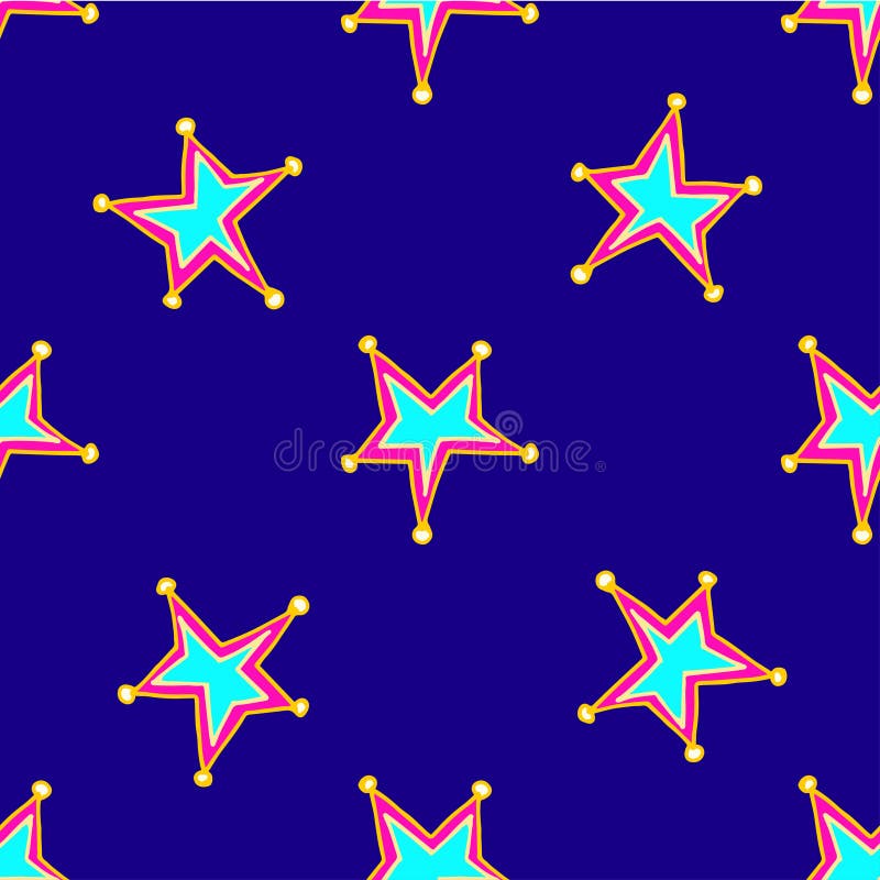 Druk met hand getrokken sterren met blauw en roze centrum en gele cirkels op de stralen op donkerblauwe achtergrond royalty-vrije illustratie Druk met hand getrokken sterren met blauw en roze centrum en gele cirkels op de stralen op donkerblauwe achtergrond royalty-vrije illustratie