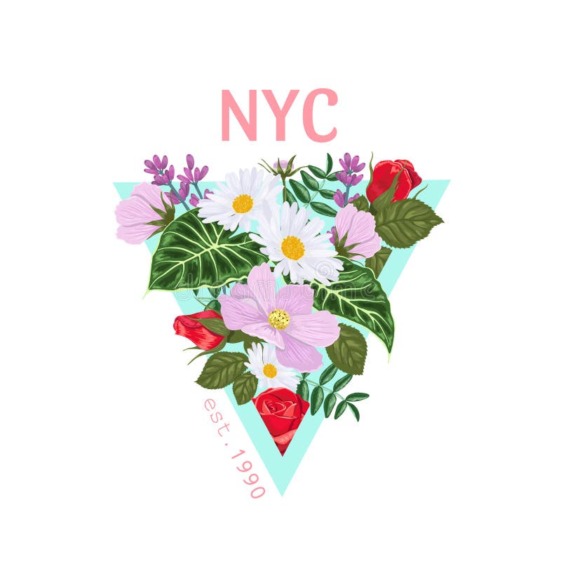 Druk op een t-shirt met een driehoek van bloemen en bladeren en de inschrijving NYC royalty-vrije illustratie Druk op een t-shirt met een driehoek van bloemen en bladeren en de inschrijving NYC royalty-vrije illustratie