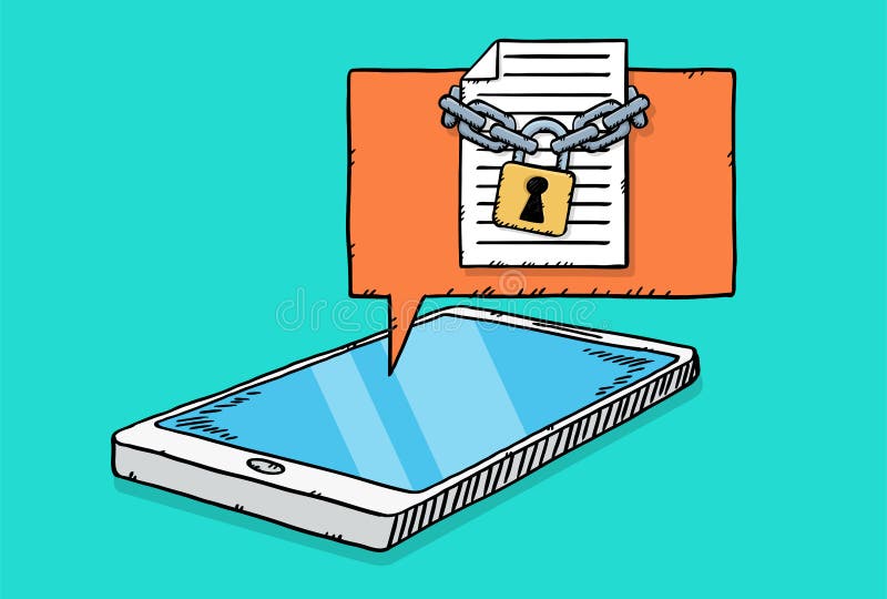 Cartoon style vector illustration of document file locked with chains and padlock on mobile screen royalty free illustration.