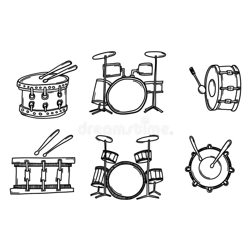 Drum Doodle Vector Icon Set. Drawing Sketch Illustration Hand Drawn