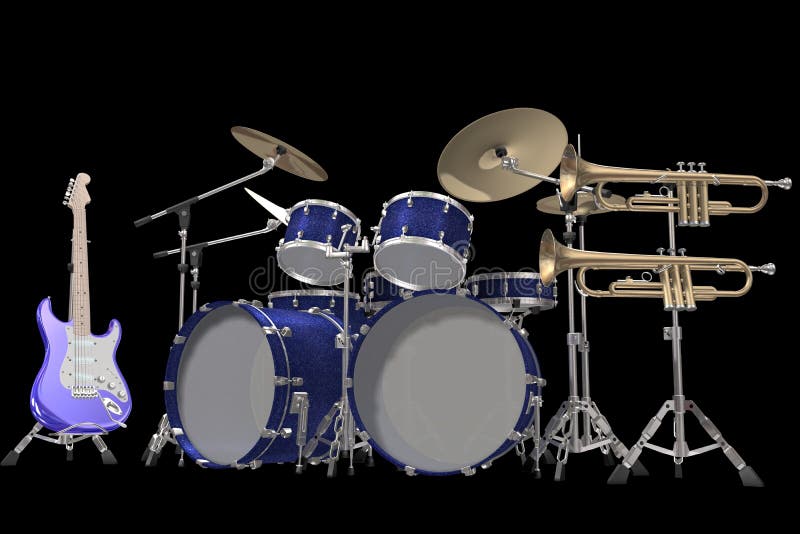 Jazz background drum kit guitar and trumpet isolated on a black background