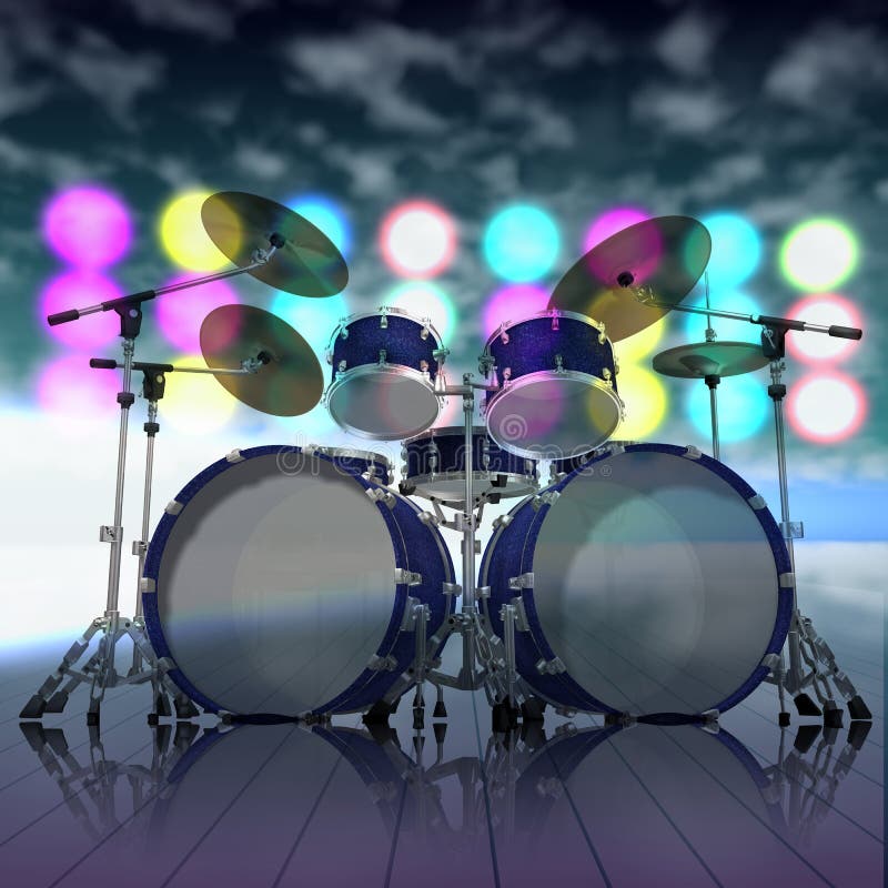 Drum Kit Guitar and Trumpet Isolated on a Black Stock Illustration