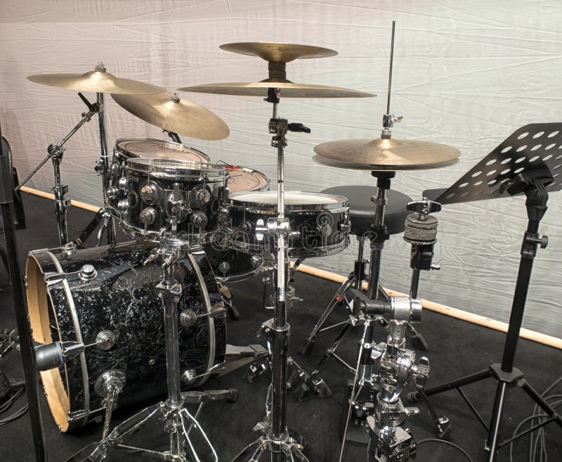 Drum Set with Some Cymbals on Stage before a Live Concert Stock Image